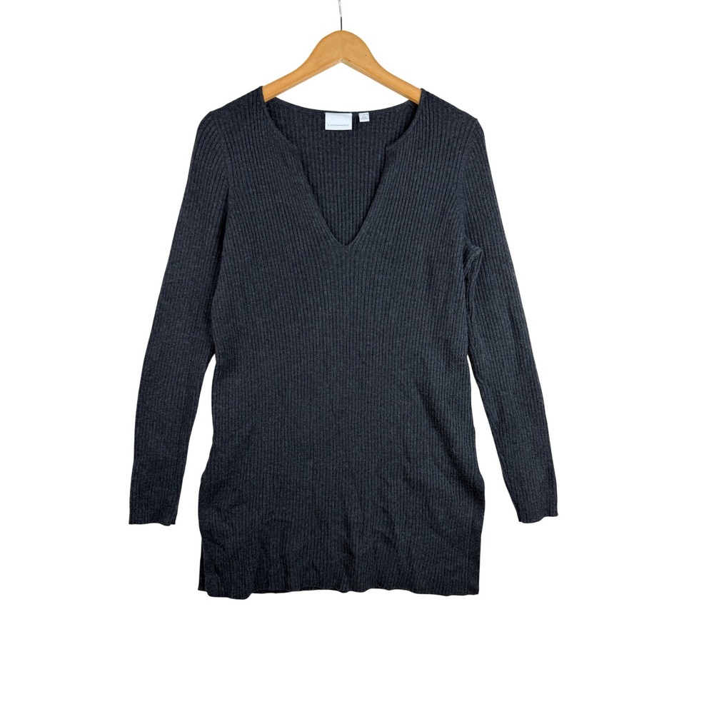 Anthropologie Ett:wa Amrita Charcoal Ribbed Knit V-neck Dress size Medium Grey
